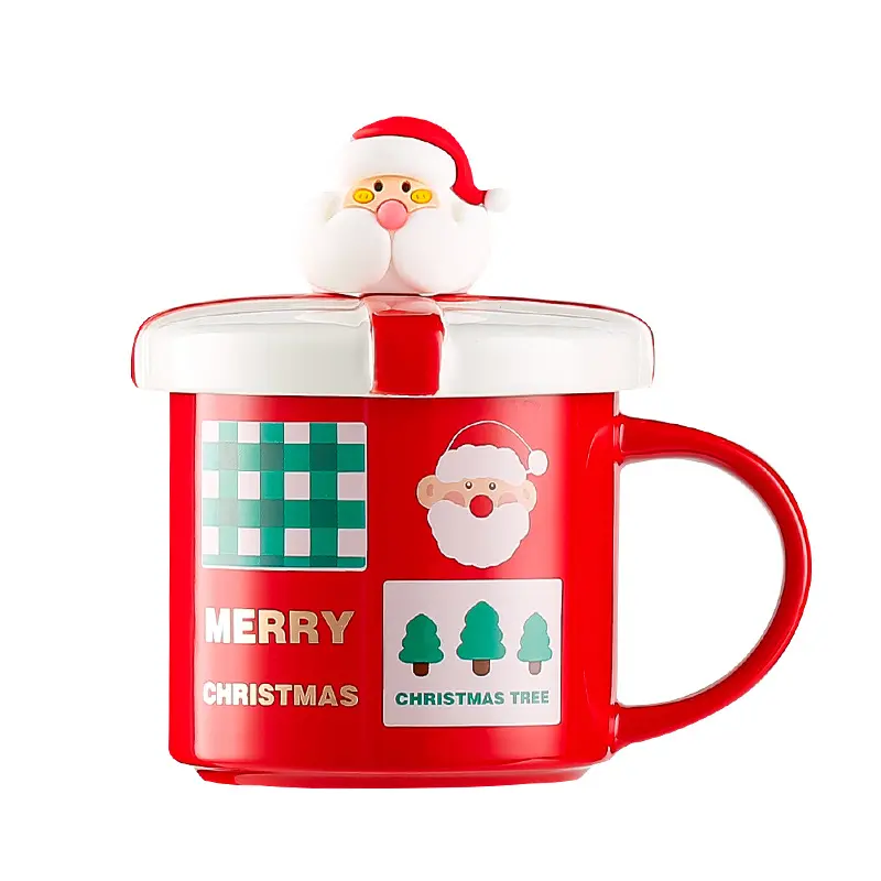 クリスマスプレゼント用蓋スプーン400mlコーヒーミルクカップ付きサンタクロースセラミックマグカップ