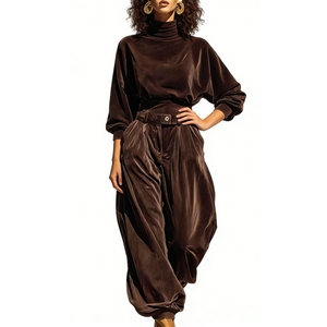 Women's Hooded Velvet 2 Piece <b>Set</b> - Elegant Long-Sleeve Top & Baggy Pants Formal Casual Outfit Fashion - Product Image 1