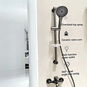Kit <span class=keywords><strong>de</strong></span> <span class=keywords><strong>douche</strong></span> moderne chromé avec porte-savon, trois sorties <span class=keywords><strong>d</strong></span>'eau, jet pluie, jet doux, barre coulissante, fixation murale, finition polie - Product Image 1
