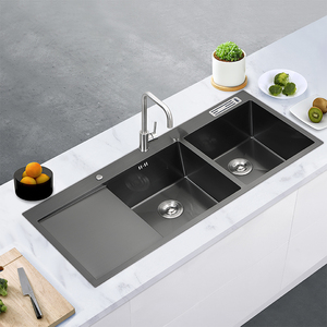 Grand évier de cuisine double bac en acier inoxydable noir nano fait à la main pour usage commercial avec plateau de coupe et porte-ustensiles, garantie de 3 ans - Product Image 5