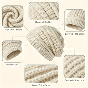 Lot de 2 bonnets d'hiver tricotés amples et doux pour <span class=keywords><strong>femme</strong></span>, couleur unie moutarde-ivoire, lavage à la main uniquement, tour de tête 48-50 cm - Product Image 2