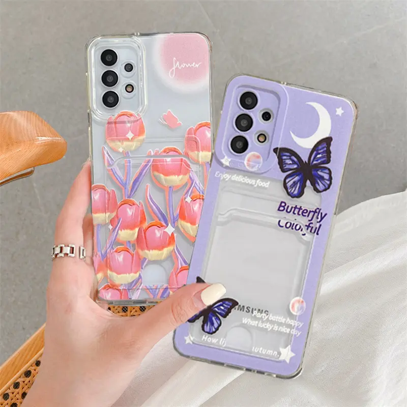 Casing Dompet bunga kupu-kupu, sarung HP dengan tempat kartu untuk Samsung A55 A35 A15 A05s TPU anti syok dengan Slot kartu