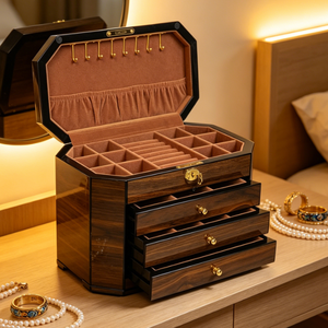 Caja de Almacenamiento de Joyas de Madera Cuadrada Moderna, Multifuncional, de Gran Capacidad, con Cerradura, para Collares y Pendientes - Product Image 3