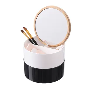 Amazon hot sales plastic round portable cosmetic makeup organizer with removable bamboo cover and mirror