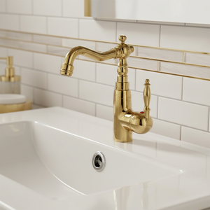 Robinet mélangeur de <span class=keywords><strong>lavabo</strong></span> antique <span class=keywords><strong>doré</strong></span> à long bec pour eau chaude et froide XR-GZ-8104K - Product Image 1