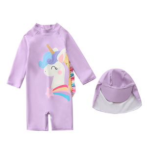 Maillot de bain une pièce à fermeture éclair pour bébé fille, maillot de bain à manches longues, Rash Guard, maillot de bain licorne pour bébé avec chapeau de soleil - Product Image 1