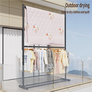 Porte-vêtements double couche en fer gain de place, à poser au sol, armoire portable avec <span class=keywords><strong>tringle</strong></span> de suspension et étagères, pliable pour chambre et bureau - Product Image 6