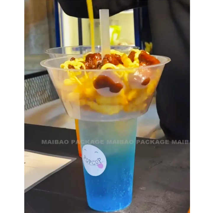 Custom All-in-one Fried Chicken Meatball Cup Takeaway Snack and Drink Cup with Snack Bowl Unique Disposable Milk Tea Plastic Cup