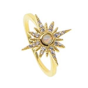 Bague en or de haute qualité avec micro-pavé de CZ clair, motif de tournesol délicat, opale blanche feu, plaqué or - Product Image 2