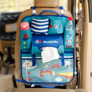 Bolsa de asiento trasero multifuncional con estampado de dibujos animados, bolsa de almacenamiento de coche con múltiples bolsillos para artículos de bebé, novedad