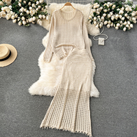 Ensemble tricoté décontracté 2 pièces pour femme, haut à manches longues et jupe à ourlet effiloché, style paresseux ajouré, collection début de printemps