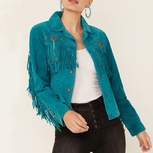 Giacca in Finta Pelle Scamosciata con Frange e Borchie LARSUR, <span class=keywords><strong>Bomber</strong></span> Corto a Maniche Lunghe Stile Motociclista per <span class=keywords><strong>Donna</strong></span> - Product Image 1