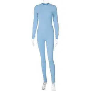 Oem bodysuit olahraga wanita, Jumpsuit lengan panjang satu potong untuk Yoga ketat warna polos