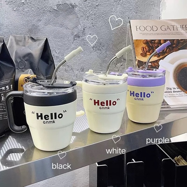 Cute Ins Girls 450ml Double Wall Vacuum Iced Coffee Cup Tumbler Glass Insulated Coffee Mug with Handle and Straw