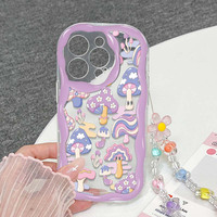 Coque de téléphone portable INS brillante et colorée en forme de champignon avec chaîne pour iPhone 11, 16 Pro, 17, 18 Pro Max, coque arrière crème