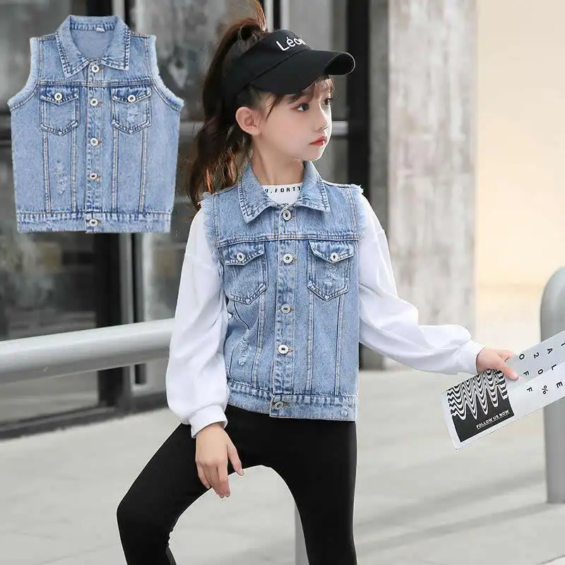 P110052 Spring Summer boutiques Baby Girls sleeveless girls kids' jeans vest jacket children's clothing