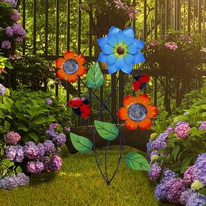 Ornement de jardin en métal en forme de fleur avec coccinelles peintes, décoration extérieure pour cour et patio - Product Image 2