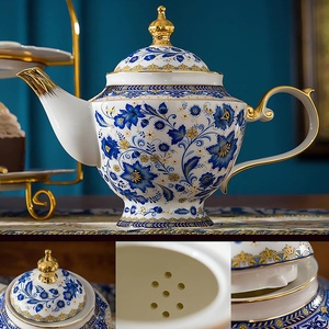 Bone China Tea Set of 6 Blue and White Porcelain Cup and Saucer Vintage <b>Floral</b> Tea Sets Teapot for Tea Party or Gift Giving - Product Image 5