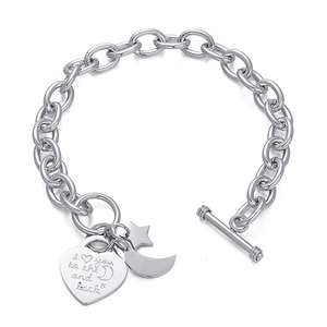 Grabado de palabras "<span class=keywords><strong>I</strong></span> Love You to the Moon and Back" y corazón Luna estrella Acero inoxidable encanto alternar pulsera - Product Image 1