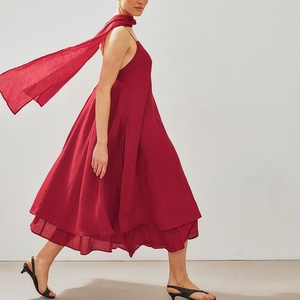 Vestido Midi de Lino Rojo para Mujer con Pañuelo a Juego, Nuevo Modelo 2026, Cuello Cuadrado, Corte Holgado, Vestido Formal, Servicio Personalizado OEM ODM - Product Image 2