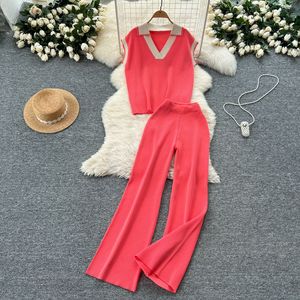 ชุดเซ็ต 2 ชิ้น เสื้อถักแขนกุดคอปกสีสันเรโทรฤดูร้อน กางเกงขายาวเอวสูงทรงขากว้าง แฟชั่นสำหรับผู้หญิง - Product Image 5