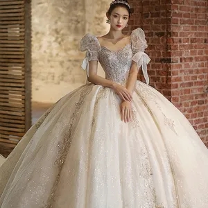 فستان زفاف فرنسي خفيف، منسوجات رئيسية للعروس الجديدة، ذيل طويل فاخر ثقيل، فستان زفاف للسيدات الحوامل