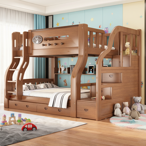 Letto a Castello in Legno Massello Stile Country Americano, Singolo su Matrimoniale, con Scala, Cassetti Contenitore, Scaffali Aperti e Sponda di Sicurezza, Arredamento per Cameretta Bambini - Product Image 5