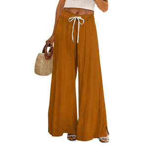Pantalon décontracté pour femme, taille haute, jambe large, en PU, motif floral, respirant, ample, longueur intégrale, avec cordon de serrage, pour l'automne, bleu - Product Image 4