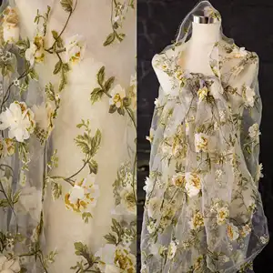 Baixo preço artesanal 3d flor laço tecido bordado impresso chiffon laço casamento vestido macio bordado tecido