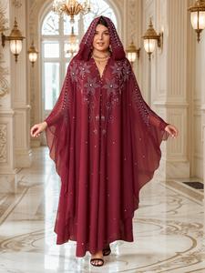 Robe Abaya <span class=keywords><strong>Khaliji</strong></span> Turque à Capuche Longue Musulmane avec Strass pour Adulte, Style Moyen-Orient Arabe Islamique - Product Image 6