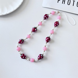 Chaîne de téléphone portable mignonne en perles de fraise accessoires de téléphone portable pour femmes et filles lanière de téléphone portable en pierre rose - Product Image 6