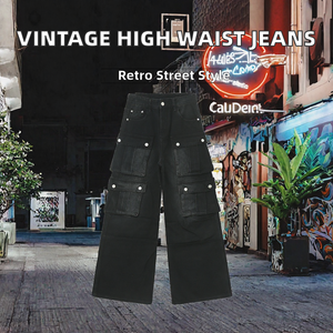 Mens Black <b>Cargo</b> <b>Wide</b> <b>Leg</b> Jeans Vintage Denim Multi Pocket Mid Waist Streetwear Pants Loose Fit Casual Fashion Trousers Everyday - Product Image 2