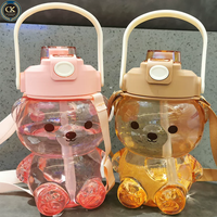 Bouteille d'eau mignonne en forme d'ours 1100 ml, gobelet en plastique avec paille, portable, anti-fuite, avec sangle pour enfants, sports de plein air