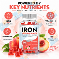 Gummies véganes OEM au fer avec complexe B, vitamine C et zinc, saveur pêche naturelle, 60 unités, fabricant de compléments sous marque privée