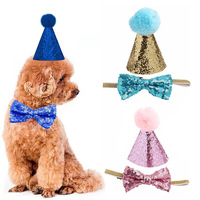 Zoyi Pet Ensemble d'anniversaire pour animaux de compagnie à motifs multicolores, comprenant un chapeau de fête scintillant, un nœud et un collier, en PU, pour la décoration de fêtes et les loisirs canins