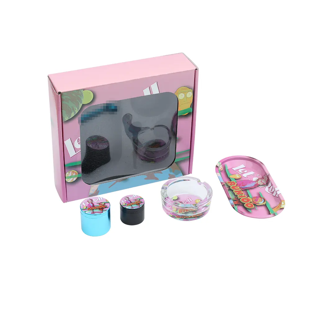 Kit de acessórios para fumar rosa personalizado atacado, cinzeiro para cachimbo de cachimbo, conjunto de bandeja para fumar 5 em 1