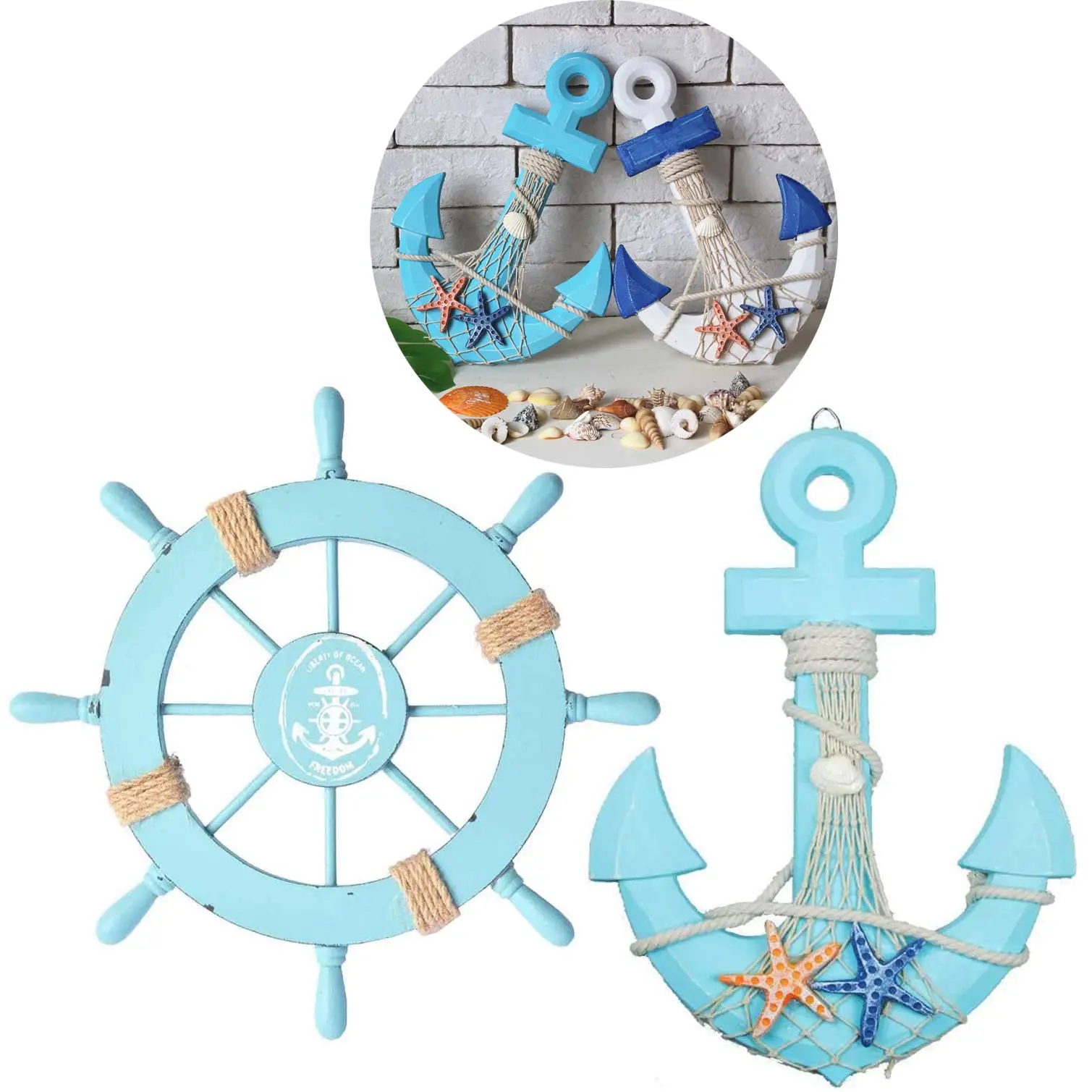 Wooden Nautical Anchor Wall Hanging Ornament, Beach Wooden Boat Ship Steering Wheel Wall Decor, Nautical Sailing Ship Home Decor