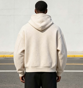 Sudadera con capucha y cremallera extragrande para hombre, de felpa francesa 100% algodón, con pedrería, informal, para otoño - Product Image 3