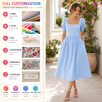 Minimalistische hemelsblauwe jurk met vierkante hals en pofmouwen, midi-lengte, dames zomerjurk van katoen, resort stijl, tijdloze A-lijn jurk, op maat gemaakte OEM