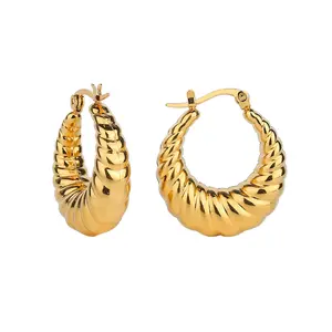 Perhiasan Mode Top Wanita Antik Baja Tahan Karat 18K Anting-Anting Croissant Berlapis Emas Memutar Anting-Anting Hoop Tebal untuk Wanita