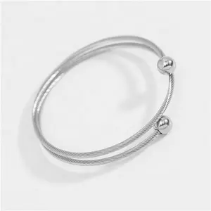 Yiwu Duoqu Jewelry Stainless Steel 3MM Round Shinny Cable Wire Bead Ending DIY Dangle Charm Basic Double Layers Wire Bracelet