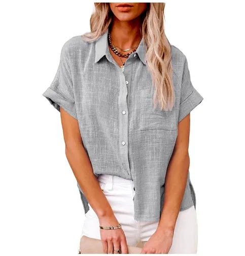 T-shirts à manches courtes classiques pour femmes en mélange de coton et de lin pour le printemps et l'été