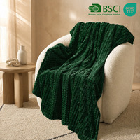 Plaid en flanelle jacquard côtelée, doux et chaud, vert peluche, couleur personnalisée, motif dessin animé floral à pois, toutes saisons, 100 % imperméable