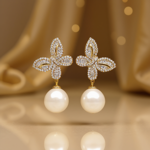 Orecchini Pendenti E3374 con Fiori Dorati, Diamanti Taglio Marquise e Perle Imitate, Gioielli Classici da Sposa per Donna - Product Image 2