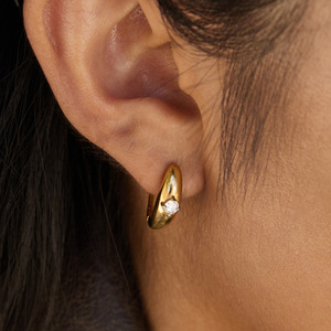 <b>Huggie</b> Earrings Stainless Steel Zircon Claw Setting Party Jewelry Gold <b>Silver</b> Tone - Product Image 2