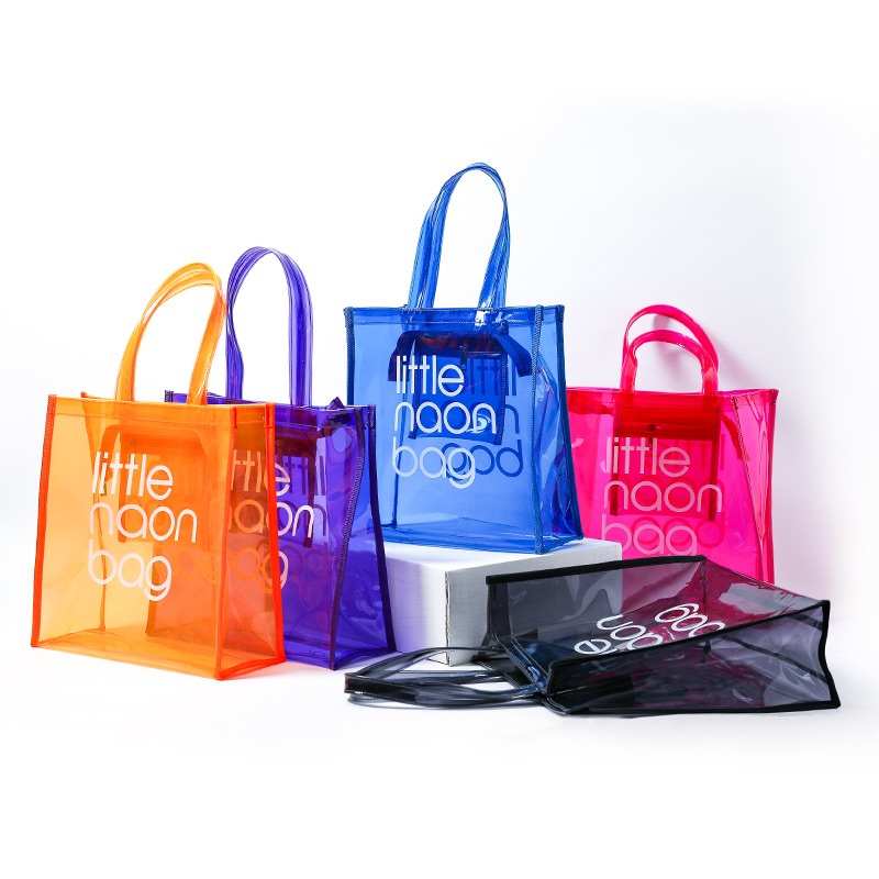 Su ordinazione di modo eco-friendly a basso costo di alta qualità trasparente piccolo neon rosa in pvc tote bag