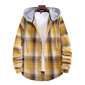 RNSHANGER Fashion Plaid Hooded Shirt for Men New Casual Slim Fit Long Sleeve Men Shirt Streetwear Single Breasted Male Shirts