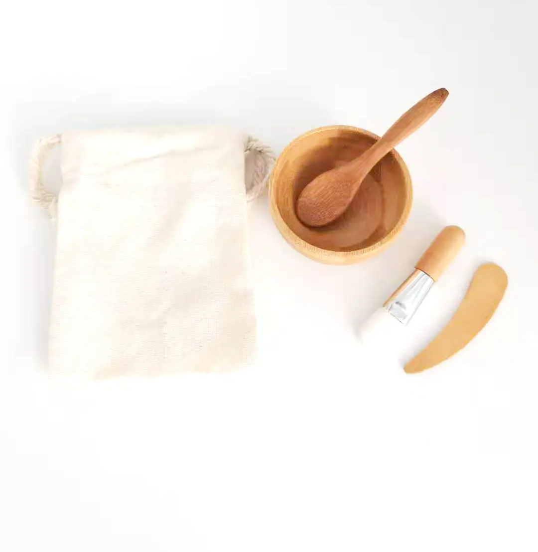 Nuovo Set di pennelli per spatola per cucchiaio cosmetico in bambù naturale piccolo progettato con sacchetto di cotone