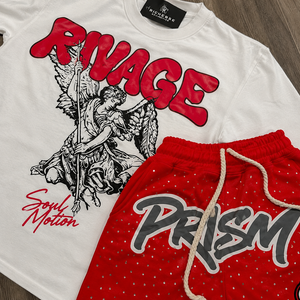 Conjunto de dos piezas de verano estilo streetwear con lavado ácido personalizado y pedrería, compuesto por camiseta gráfica estampada de corte holgado y pantalón corto. - Product Image 4