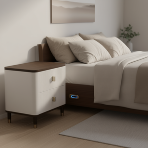 Comodino Bianco e Marrone a 2 Cassetti con Porta USB, Arredamento Moderno per Camera da Letto - Product Image 2